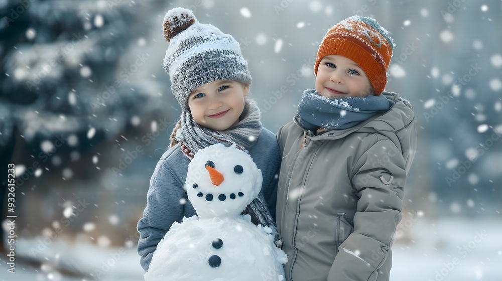 Child leaning on a snowman, bundled up in winter clothes minimalist Child leaning on a snowman, bundled up in winter clothes minimalist