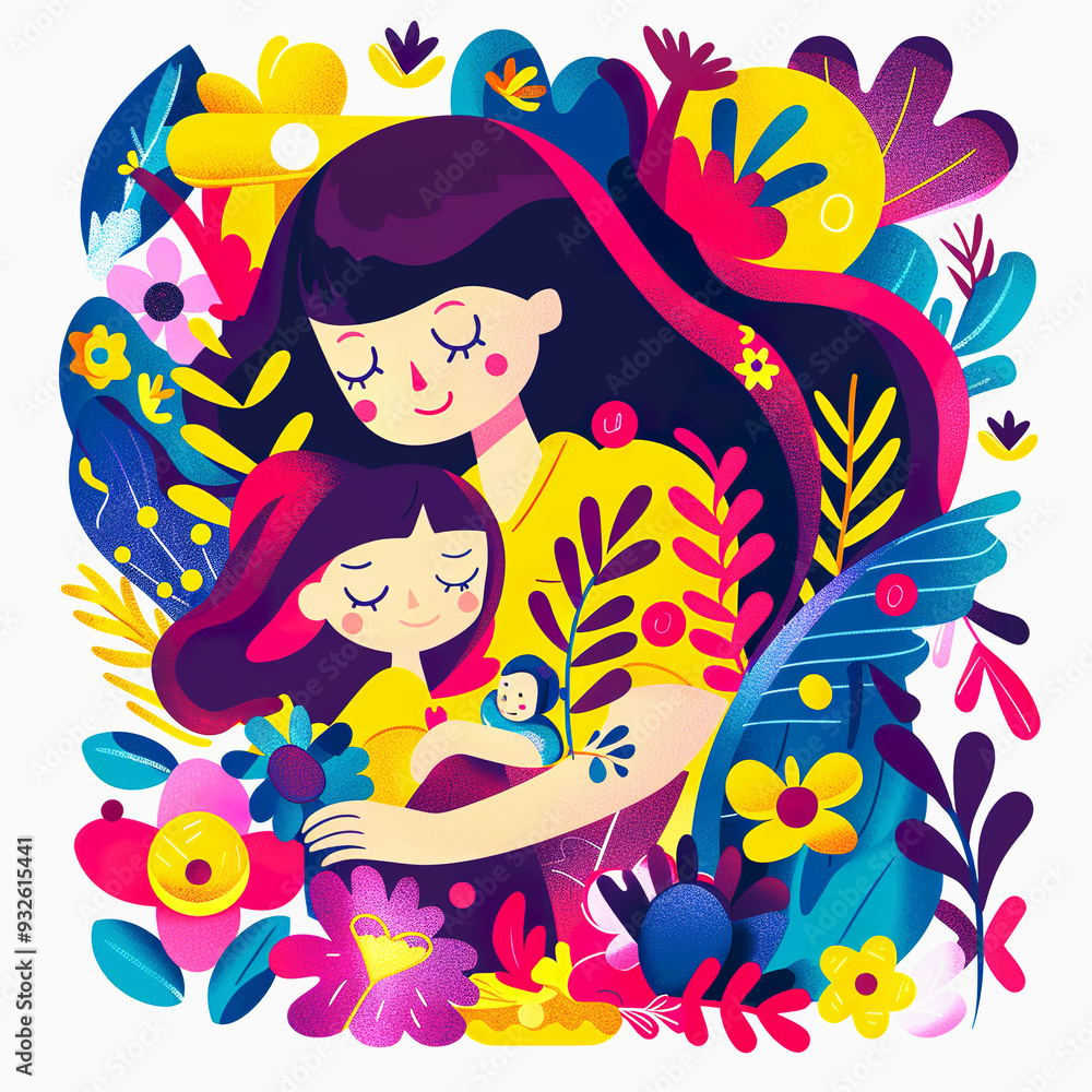 Mother and Daughter Embracing in a Garden of Colorful Flowers Mother and Daughter Embracing in a Garden of Colorful Flowers
