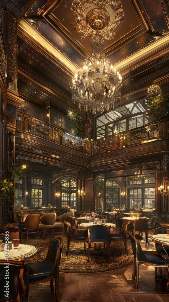 The luxurious interior showcases a five-star anime restaurant, highlighted by a grand chandelier and exquisite furnishings in a refined atmosphere