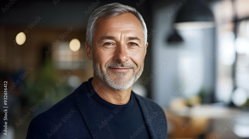 A confident middle-aged man smiling in a modern interior setting. A confident middle-aged man smiling in a modern interior setting.
