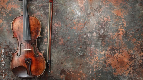 Antique violin on aged metal surface with room for text
