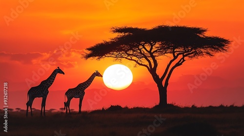 Panorama silhouette  Giraffe family and tree in africa with sunsetTree silhouetted against a setting sunTypical african sunset with acacia trees in Masai Mara Kenya : Generative AI photo