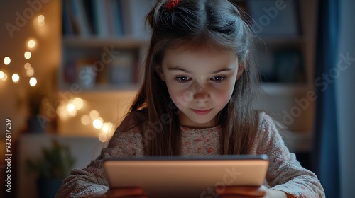 Elementary school girl studying at her desk at home while looking at a tablet PC : Generative AI photo