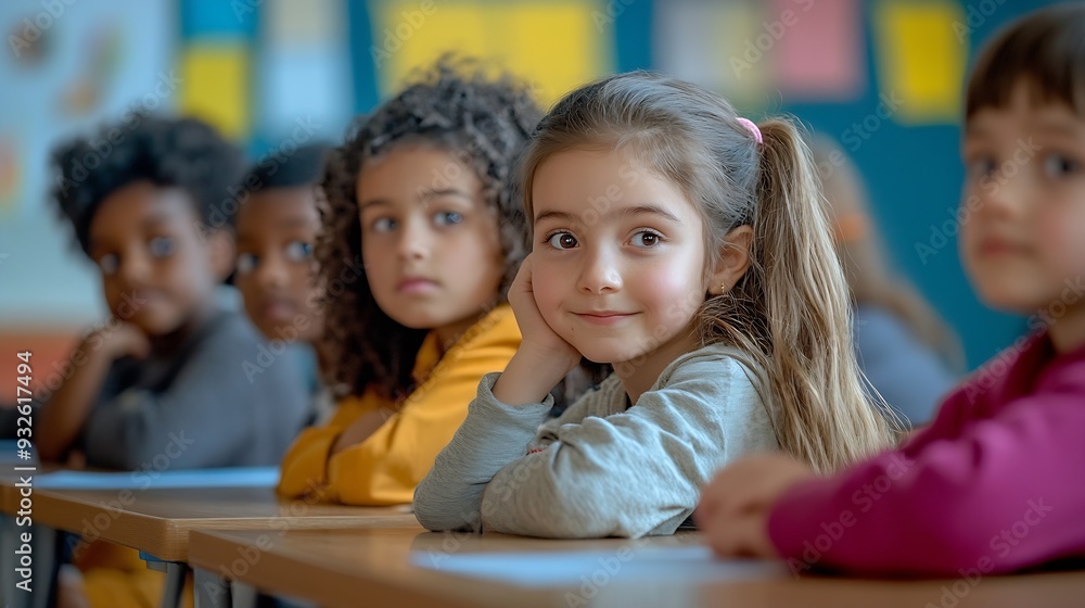 Group of ethnically diverse kids sitting at table in classroom doing exercise together during English lesson : Generative AI Group of ethnically diverse kids sitting at table in classroom doing exercise together during English lesson : Generative AI