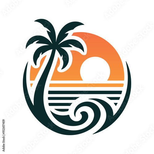 Tropical Palm Tree Silhouette with Sunset: A Stunning Vector Icon Representing Coastal Beauty, Perfect for Travel Agencies, Summer Campaigns, Beach Resorts, and Tropical Island-Themed Branding