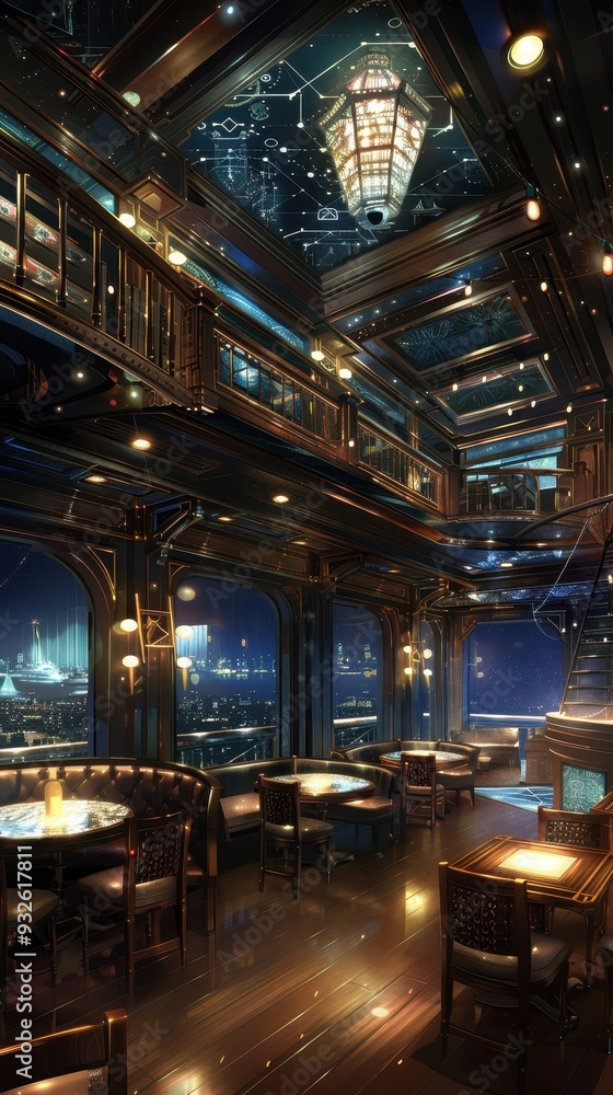 This restaurant boasts an elegant interior with beautiful seating, intricate decor, and a dazzling cityscape visible through large windows This restaurant boasts an elegant interior with beautiful seating, intricate decor, and a dazzling cityscape visible through large windows