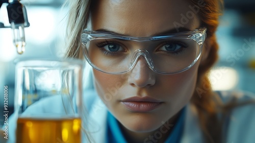 Woman beaker or scientist in laboratory for science innovation life expectancy or antiaging medicine Futuristic medical or healthcare biologist with chemistry liquid in research or exa : Generative AI