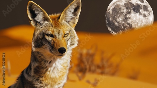 Wildlife scene of a jackal in the desert under the moonlight photo