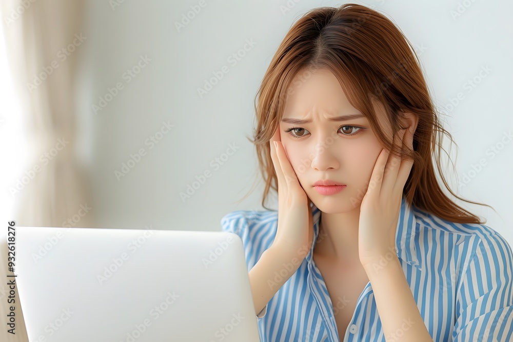 Stressed Asian businesswoman with laptop, frustrated expression, studio lighting, isolated on white background Stressed Asian businesswoman with laptop, frustrated expression, studio lighting, isolated on white background