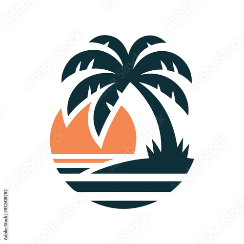 Elegant Palm Tree and Sunset Logo: This Vector Icon Exudes a Tropical Vibe, Ideal for Branding Summer Escapes, Beach Resorts, Coastal Tourism, Travel Companies, and Nature-Inspired Product Designs