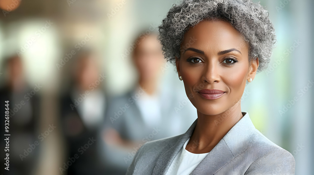 Obraz premium A confident professional woman with a gray hairstyle in an office.