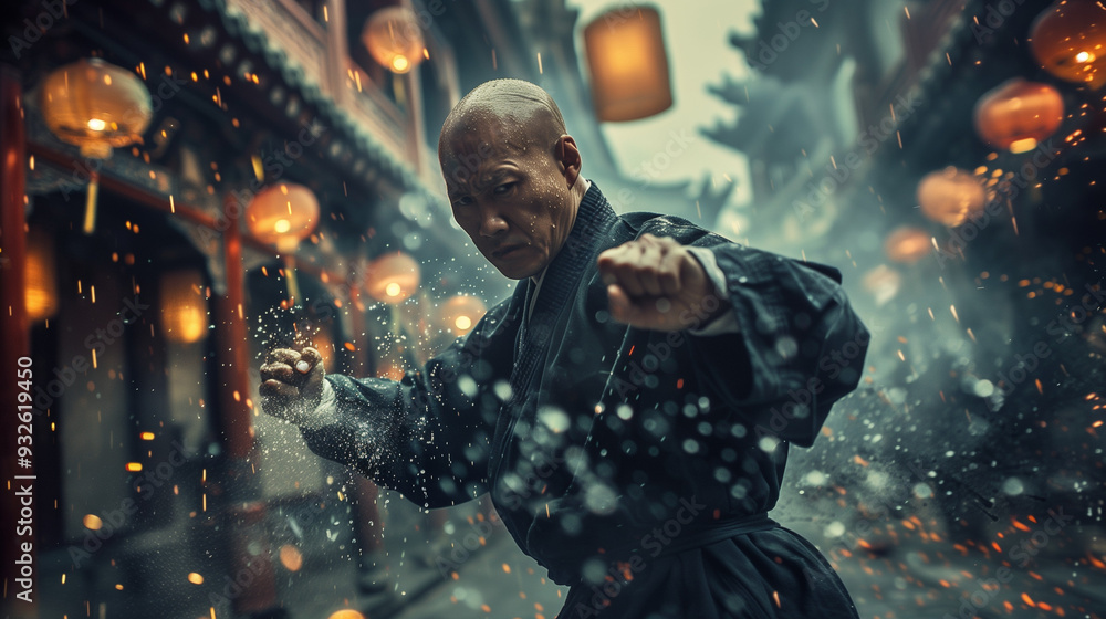 Obraz premium Master of Chinese Martial Arts in the Rain: Graceful Power and Poise Amidst the Drizzle, Displaying the Art of Kung Fu