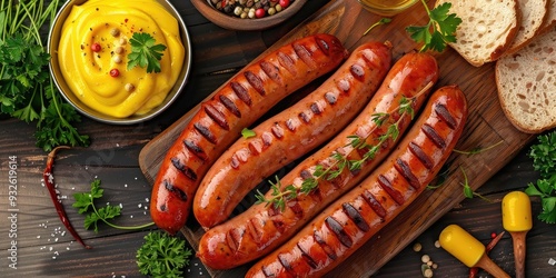 Bratwurst sausages accompanied by mustard and herbs photo