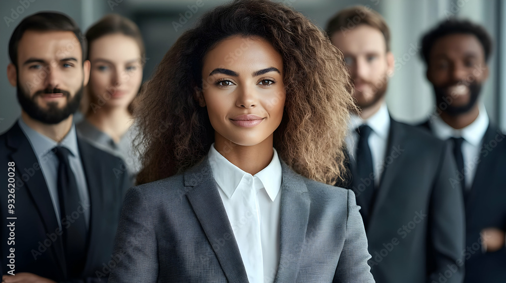 A confident woman leads a business team in a professional setting. A confident woman leads a business team in a professional setting.