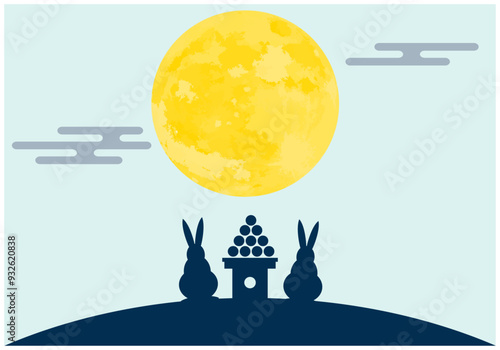 秋の十五夜お月見フレーム背景1水色