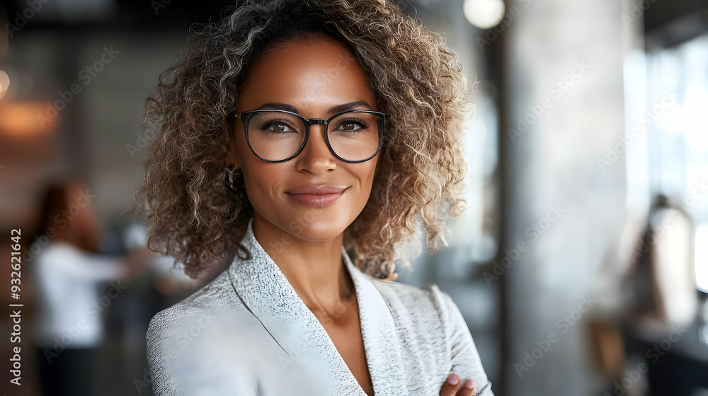 A confident woman with curly hair and glasses in a professional setting. A confident woman with curly hair and glasses in a professional setting.