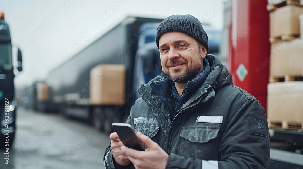 Busy Caucasian male driver chatting on his smartphone with someone about agreement on place of future delivery while standing in front of large trucks with merchandise Transport concep : Generative AI Busy Caucasian male driver chatting on his smartphone with someone about agreement on place of future delivery while standing in front of large trucks with merchandise Transport concep : Generative AI