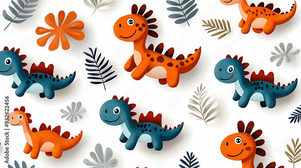 Isometric view of happy dinosaurs in a playful pattern, doodle style, copy space for text, Isometric view of happy dinosaurs in a playful pattern, doodle style, copy space for text,