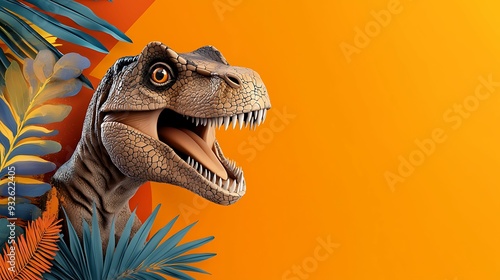 Fototapeta Naklejka Na Ścianę i Meble -  Friendly dinosaur with a big smile, top view with colorful doodles, copy space for text,