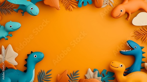Fototapeta Naklejka Na Ścianę i Meble -  Semi close-up of playful dinosaur doodles, friendly and vibrant, copy space for text,