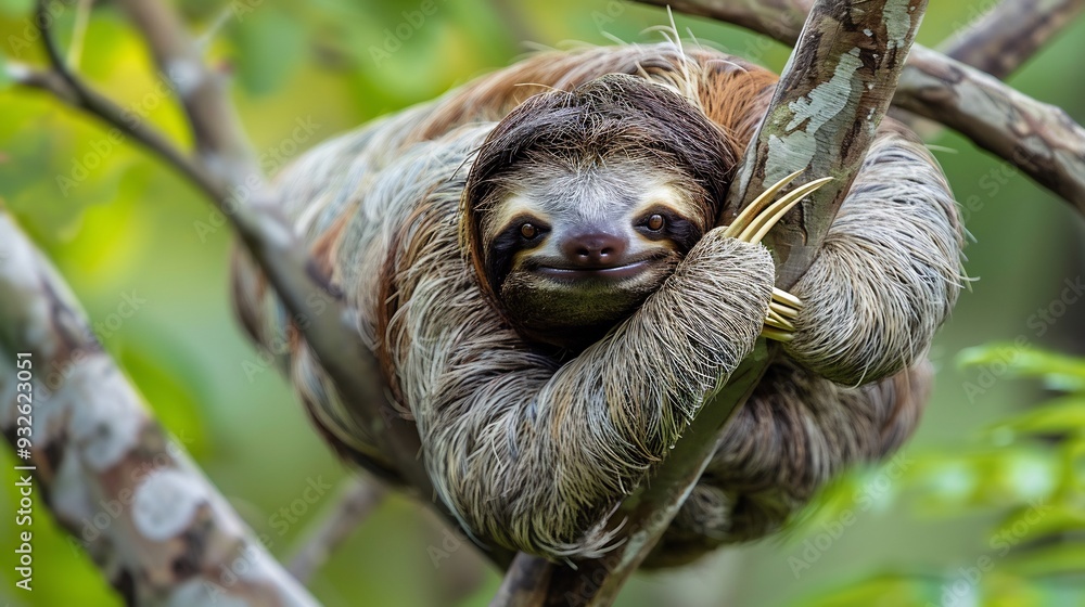 Wildlife scene of a sloth hanging lazily from a tree branch Wildlife scene of a sloth hanging lazily from a tree branch