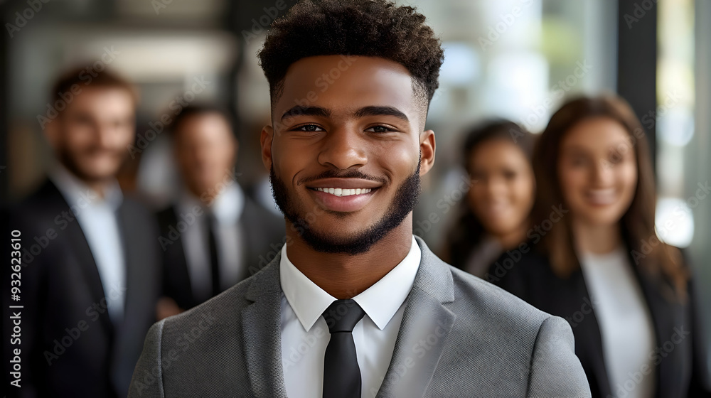 A confident young man in a suit smiles with colleagues in the background. A confident young man in a suit smiles with colleagues in the background.