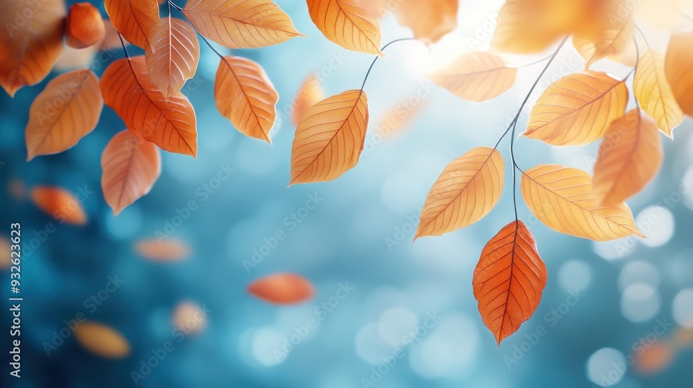 A leafy tree branch with orange leaves is blowing in the wind. A leafy tree branch with orange leaves is blowing in the wind.