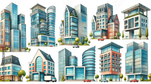 Watercolor clip art of various modern architecture on a white background photo