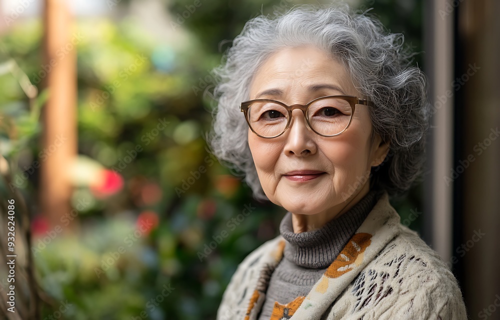 Portrait of a smiling senior woman with gray hair, wearing glasses and a sweater, standing outdoors. Portrait of a smiling senior woman with gray hair, wearing glasses and a sweater, standing outdoors.