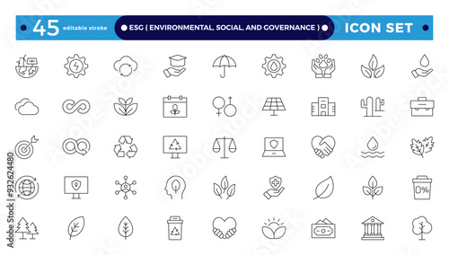 ESG icon Outline set, Environmental, Social, and Governance line icon.  Includes Sustainability, Solar Panel. Set of outline icons about Environmental Social Governance. Editable stroke outline icon. 