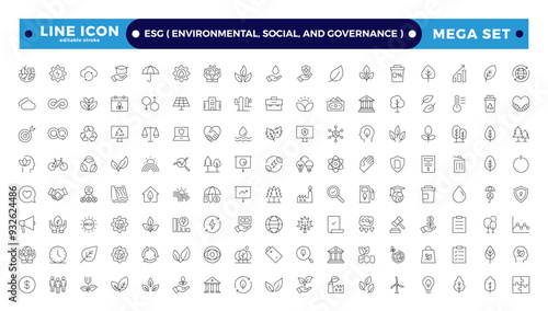 ESG icon Outline set, Environmental, Social, and Governance line icon.  Includes Sustainability, Solar Panel. Set of outline icons about Environmental Social Governance. Editable stroke outline icon. 