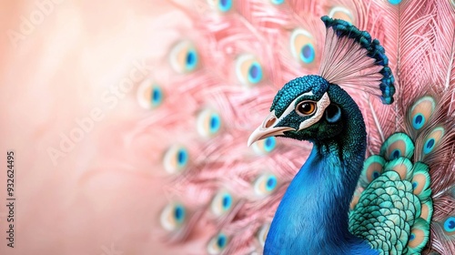 A blue peacock with a pink background. The peacock is the main focus of the image