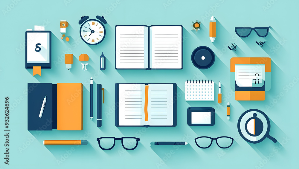 Educational Tools and Symbols Illustration, Including Books, Pens, Headphones, Notepads, Clocks, and Glasses, Educational Tools and Symbols Illustration, Including Books, Pens, Headphones, Notepads, Clocks, and Glasses,