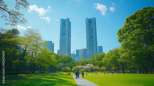 A view of the city with skyscrapers a park and people walking against the blue sky Tokyo : Generative AI