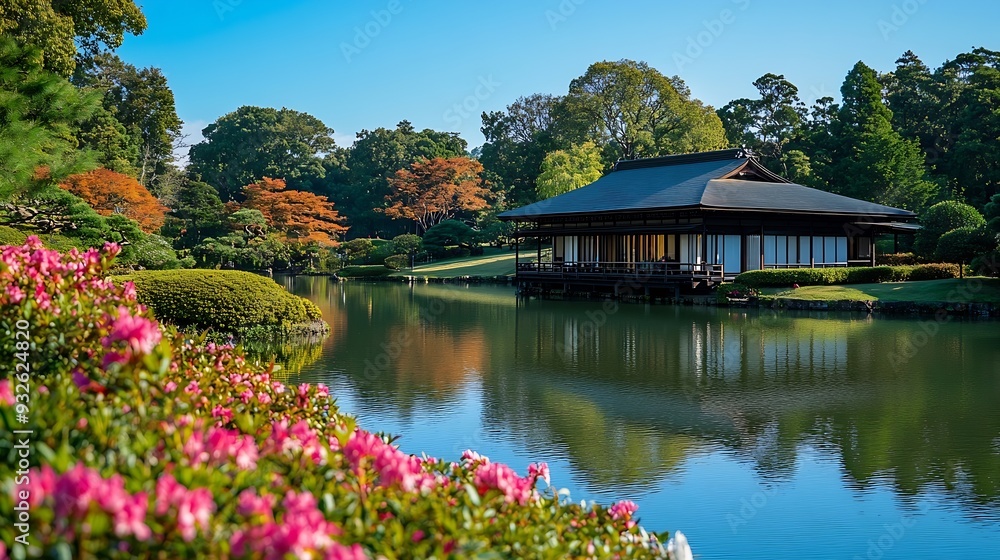Fototapeta premium Japanese garden at Ohori Koen Donguri Park in Fukuoka prefecture Kyushu Japan : Generative AI