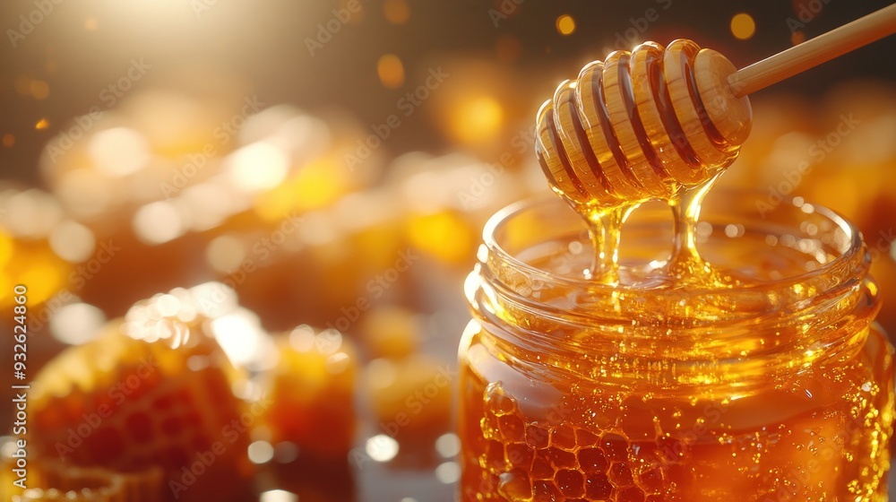 A jar of organic honey with the lid slightly ajar and a honeycomb resting beside the jar. A jar of organic honey with the lid slightly ajar and a honeycomb resting beside the jar.