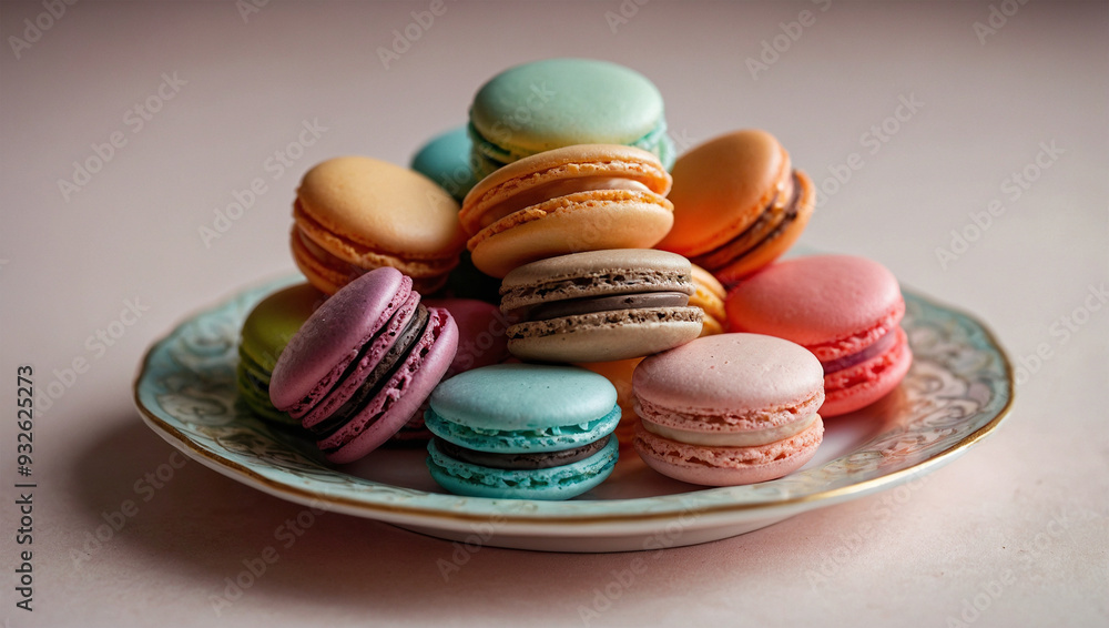Fototapeta premium Assorted colorful macarons stacked on a delicate porcelain plate, with pastel background.