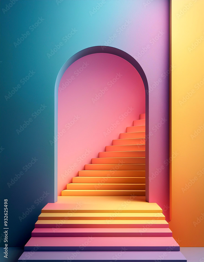 3d render illustration in modern geometric style Arch and stairs in trendy minimal interior Gradient pastel colors background Abstract composition 3d render illustration in modern geometric style Arch and stairs in trendy minimal interior Gradient pastel colors background Abstract composition