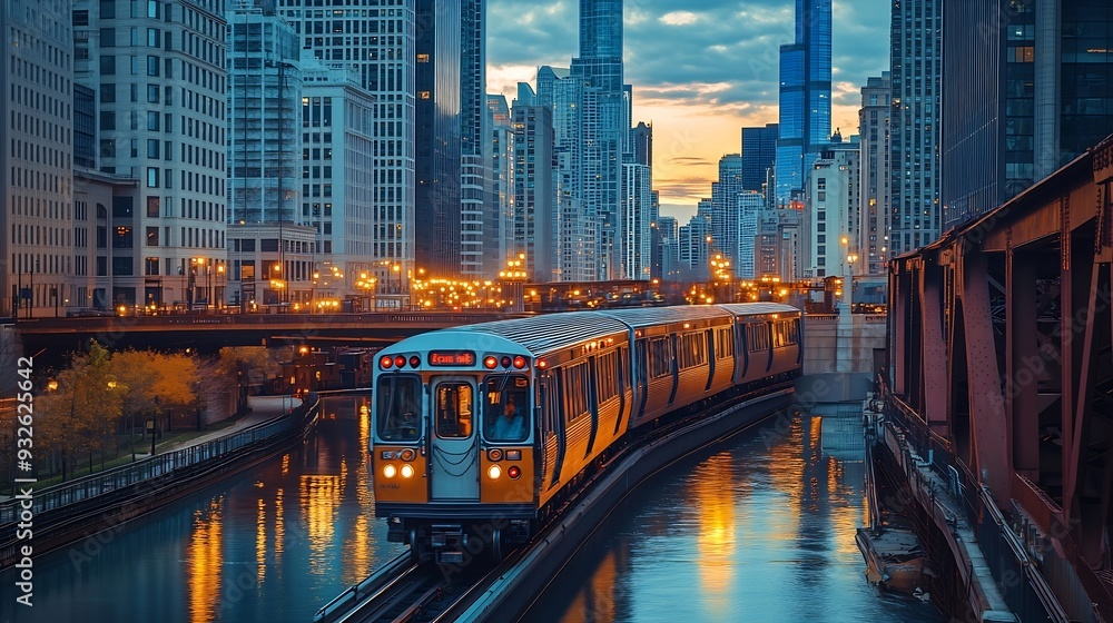 Obraz premium Train passing by over bridge of City of Chicago transport system Illinois USA : Generative AI