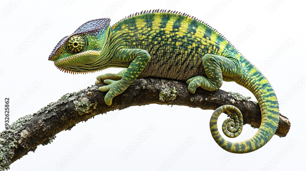 Fototapeta Isolated on white background Bright green Parsons chameleon Calumma parsonii huge colourful chameleon climbing up tree branch curled tail Wild animal Madagascar : Generative AI