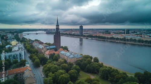 Aerial view of the Latvian academy of sciences in Riga in a summer cloudy day Latvia It was built between 1953 and 1956 dominates the skyline standing at 108m tall : Generative AI