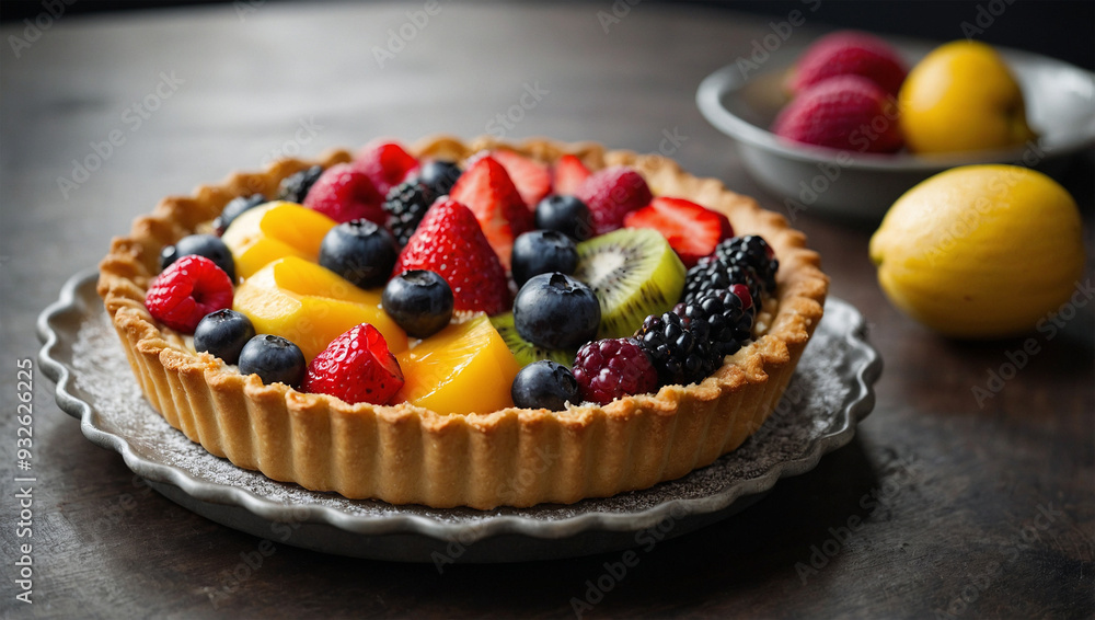 Fruit tart with a buttery crust, filled with custard and topped with a variety of colorful fresh fruits. Fruit tart with a buttery crust, filled with custard and topped with a variety of colorful fresh fruits.
