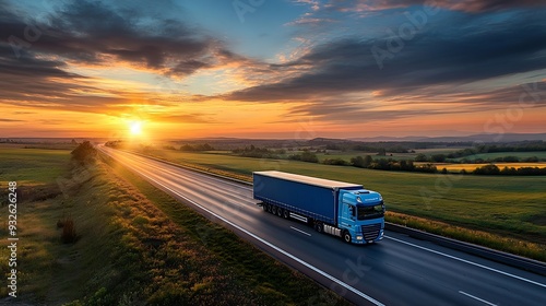 Transportation trucks in high speed driving on a highway through rural landscape on a beautiful sunset Fast blurred motion drive on the freeway : Generative AI