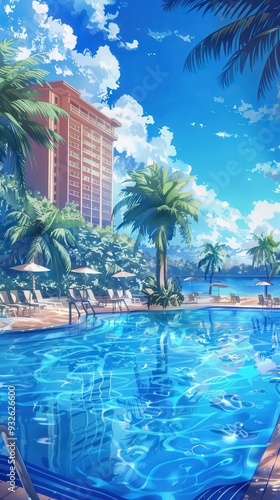 A stunning five-star luxury swimming pool features crystal clear water, palm trees, and a vibrant sky, inviting relaxation in paradise