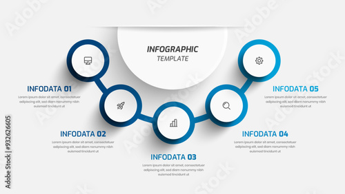 Infographic Design Presentation Business Template with Blue Color Circle Label 5 Option and Icon photo