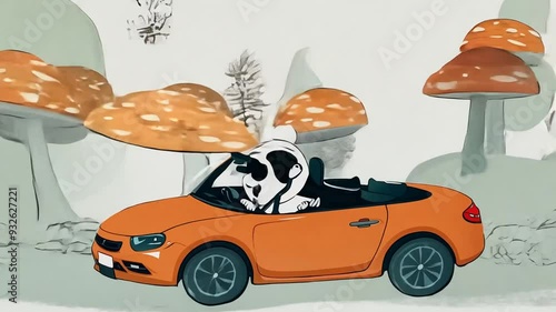 Panda in an Orange Convertible Through a Whimsical Forest Generative AI photo