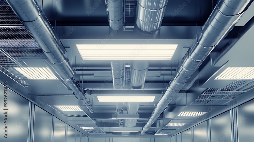 Obraz premium Industrial Ceiling with Exposed Ductwork and Lights