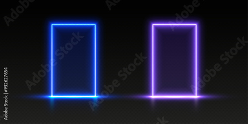 Neon doors, blue and purple glowing portals, futuristic gates, magic LED frames. Vector illustration.
