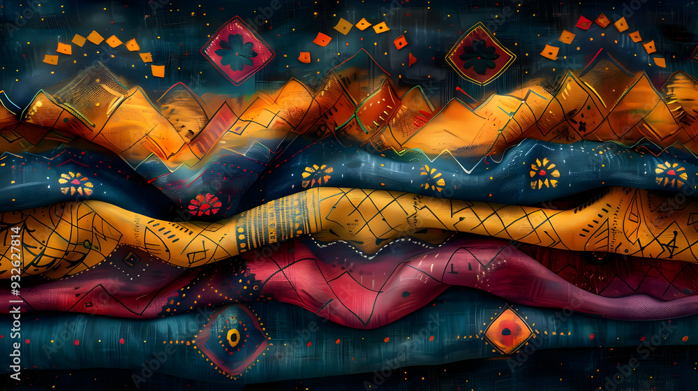 Abstract Illustration of Layered Shapes and Patterns in Vibrant Colors Abstract Illustration of Layered Shapes and Patterns in Vibrant Colors
