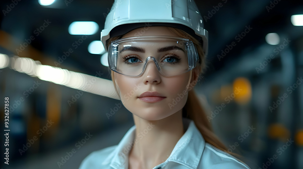 A focused woman in safety gear in an industrial setting. A focused woman in safety gear in an industrial setting.